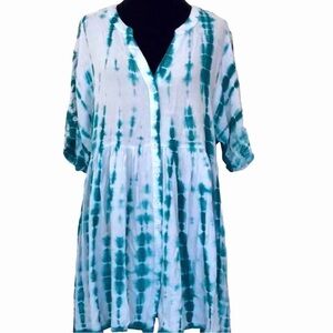 Hippie Tie-Dye Tunic Festival Flowy Lightweight Teal Gray Rayon Relaxed Fit